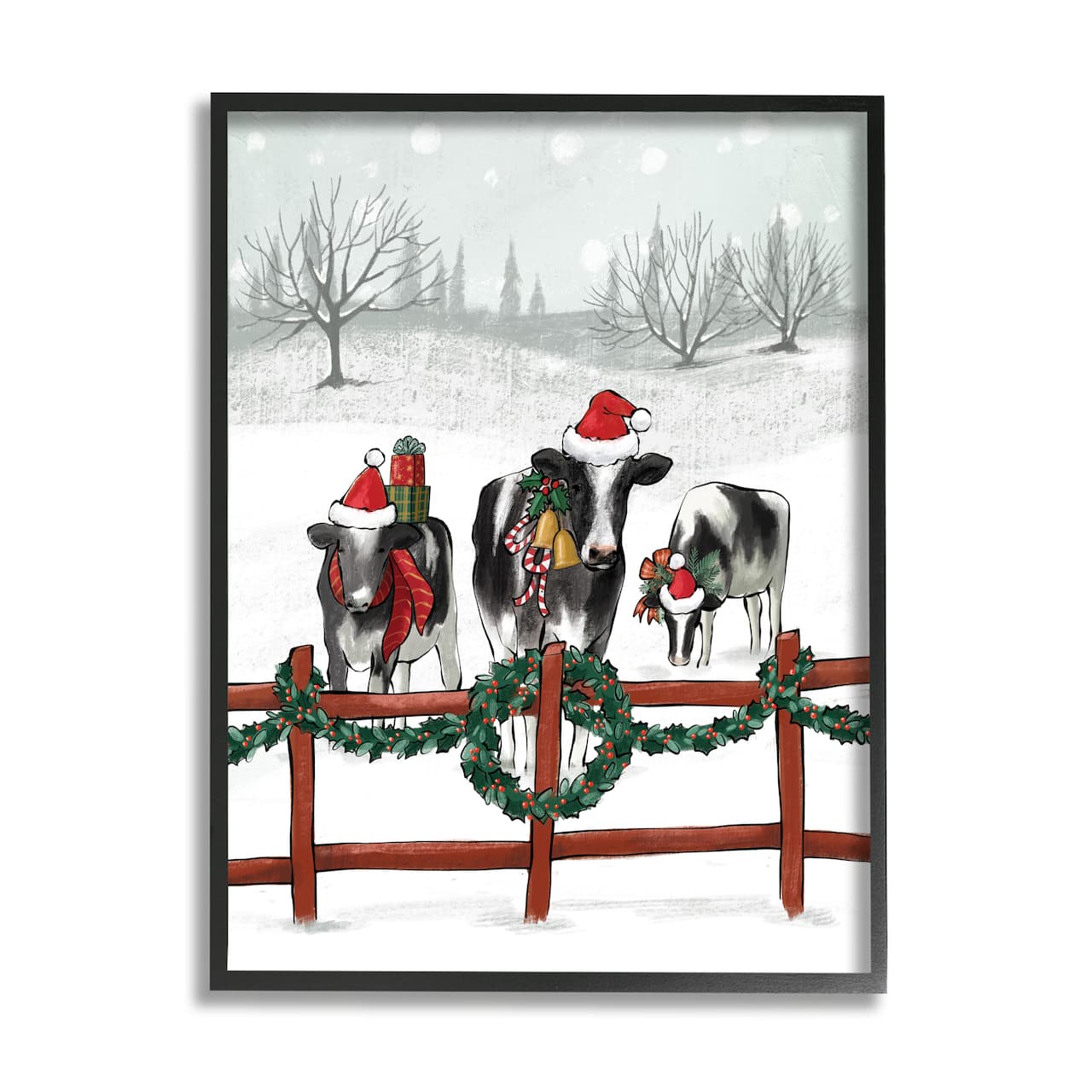 Stupell Industries Holiday Cows Farmland Fence Framed Giclee Art